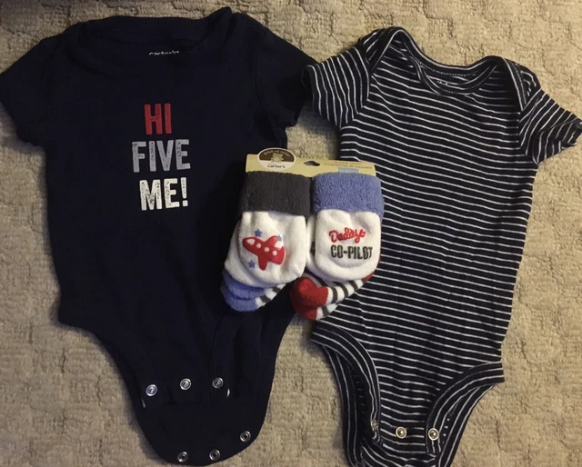 Carters Baby Boy Navy/Blue/Red Bundle. Socks Sz 0-9, Two One-Piece/Snap Sz 0-3