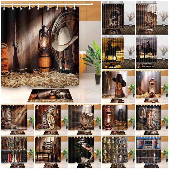 Rustic Wood Boards Western Cowboy Boots Hat Fabric Shower Curtain Set Bath Mat