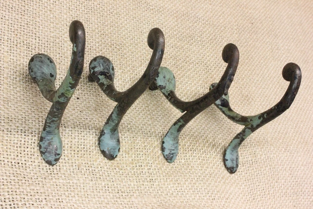 4 Old Single Coat Hooks School Farmhouse Blue Cast Iron Vintage 1850’s Screw in 2