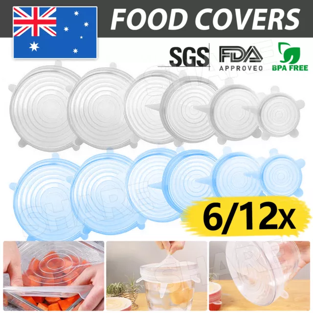 6/12X Stretch Reusable Silicone Bowl Wraps Food Saver Cover Seal Lids NSTA LIDS