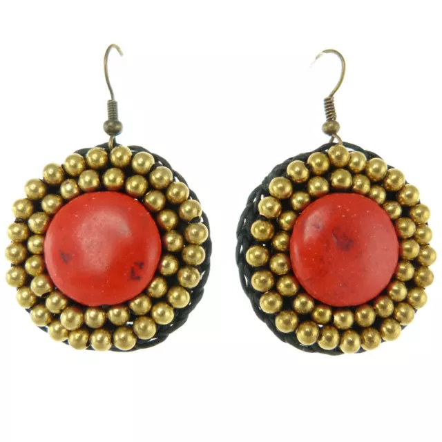 Boucles D'oreilles femme Pendantes ethniques rondes - Pierre rouge perles dorées