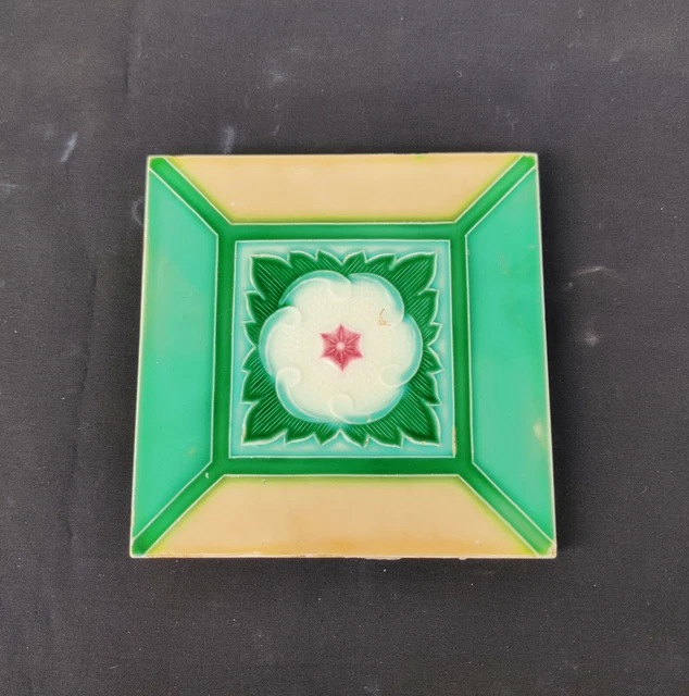 1940s Vintage Embossed Floral Design Majolica Art Deco Architecture Tile Japan