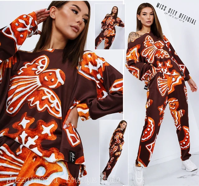 NEU 38 40 M-L Velours Samt Set Hose Sweatshirt Winter Lebkuchen MISS CITY Braun