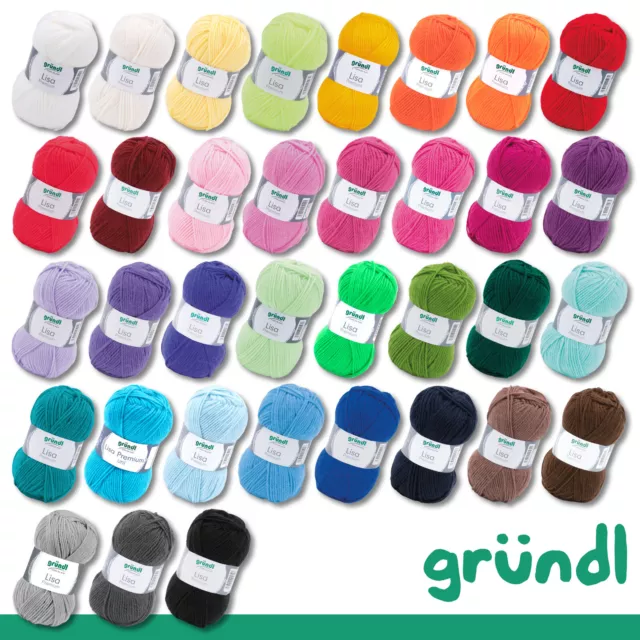 Gründl 10 x 50 g Lisa Premium uni Stricken Häkeln Polyacryl Garn Wolle 35 Farben