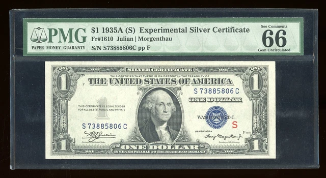 DBR 1935-A $1 Silver Experimental (S) Gem Fr. 1610 PMG 66 EPQ Serial S73885806C