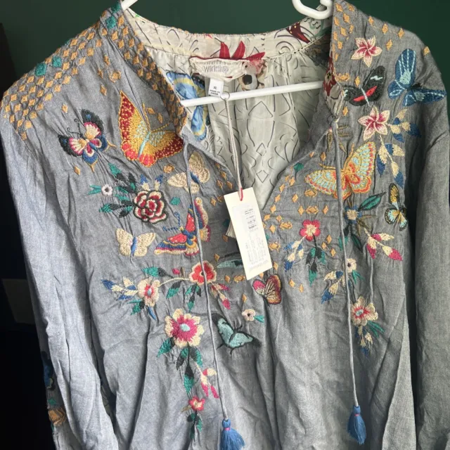 NEW JOHNNY WAS Ulla Velvet Embroidered Blouse Shirt Gray Size XL $250 ...