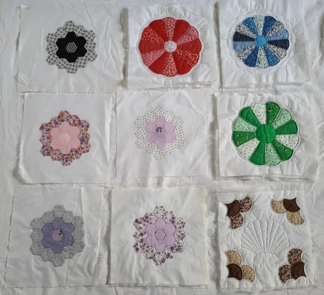 9 Vintage Hand Stitched Quilt blocks, Grandmother’s Garden, Dresden plate ++