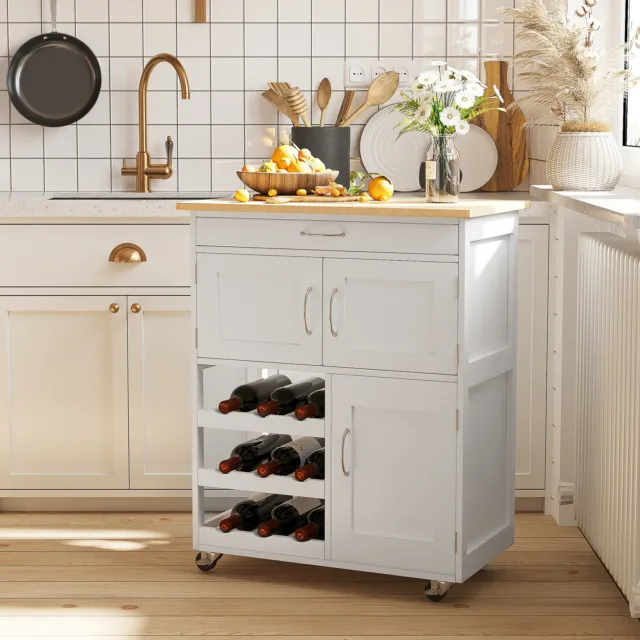 Rolling Kitchen Island Trolley Storage Cart Rubberwood Top, Drawer, Wine Rack