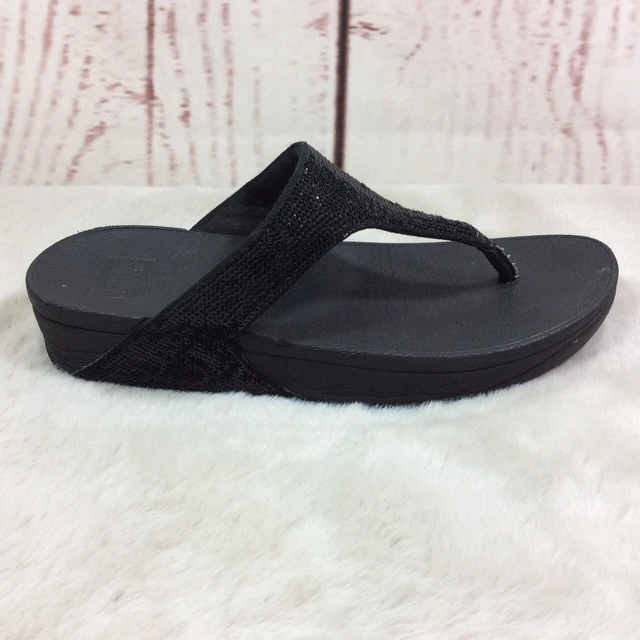 FitFlop Electra Micro Sequin Toe Post Thong Sandals Womens 7 Black Sparkly Shoes