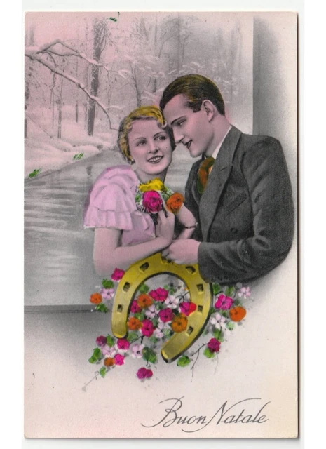 Non Viaggiata Buon Natale foto cartolina d'epoca innamorati ferro di cavallo