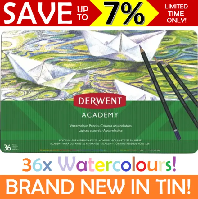 NEW IN TIN Derwent ACADEMY 36x Watercolour Pencils Set Coloured Assorted 2300226