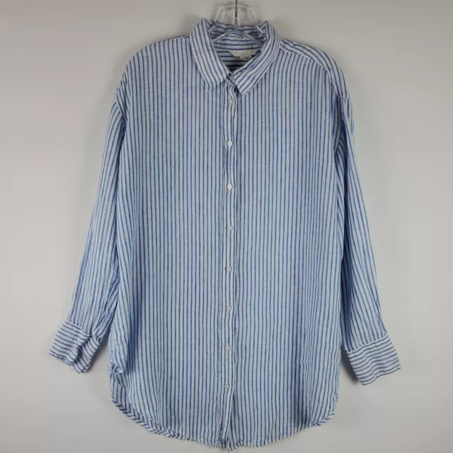 H&M Womens Size M Linen Top Button Down Shirt Stripes Blue White Long Sleeve