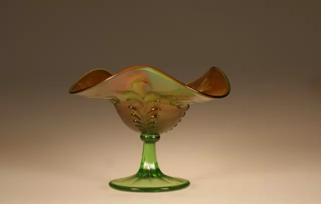 Vintage Northwood Glass Green Carnival Daisy & Plume Compote c.1915