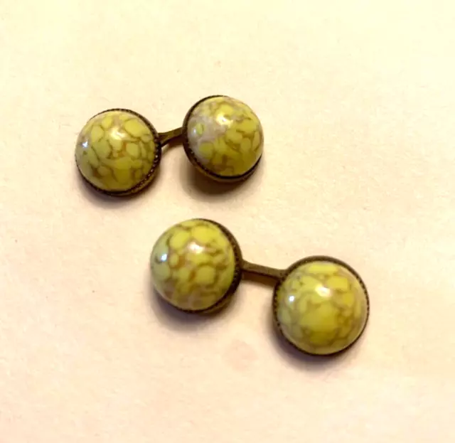 Vintage YELLOW Marbled Round Stone Marble Double Sided Cufflinks EUC! FREE Ship! 3