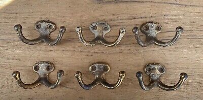 6 Vintage Semi-Painted Brass Plated Cast Iron Double Hat and Coat Hooks.