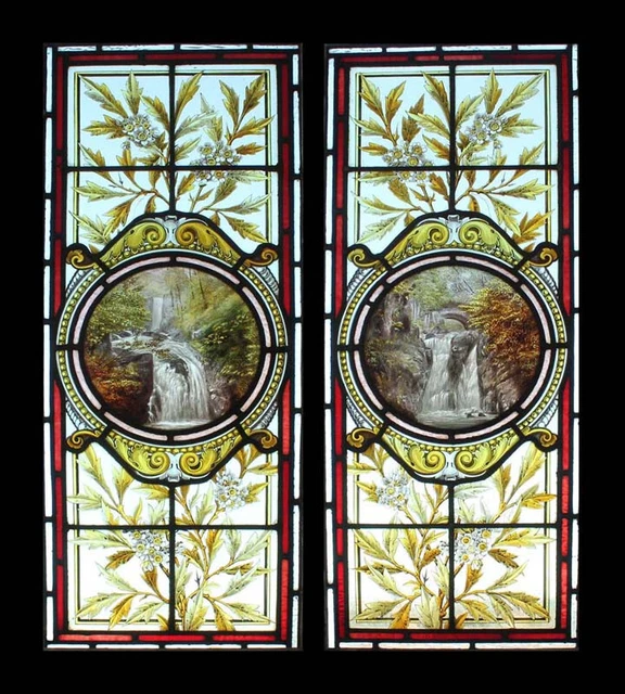 BEAUTIFUL RARE ANTIQUE Painted Waterfall Pair English Stained Glass ...