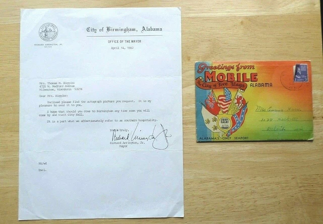 Vintage Mobile Alabama Foldout Postcard 1951 & Letter Governor Richard Arrington