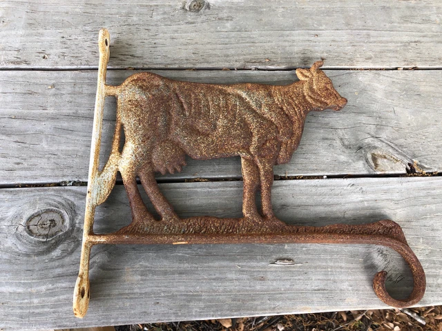 Antique Vintage Cast Iron Cow Bracket Wall Mount Hook Plant Sign Hanger