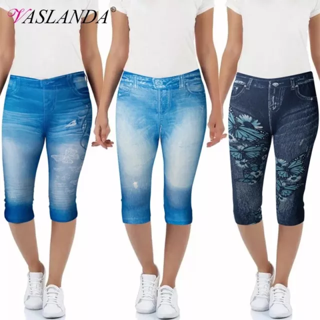 US Women Denim Jeggings Summer Stretch Leggings Cropped Skinny Slim Pencil Pants