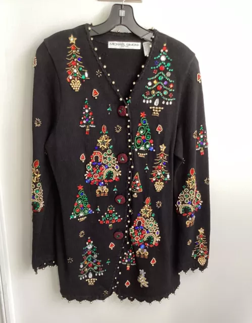 Michael Simon Christmas Tree Cardigan Sweater Beaded Sequin VTG Size M