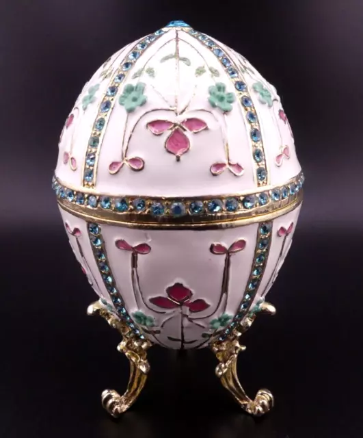 Faberge Egg Enamel Hand Painted Blue Rhinestones Decorative Jewelry Trinket Box