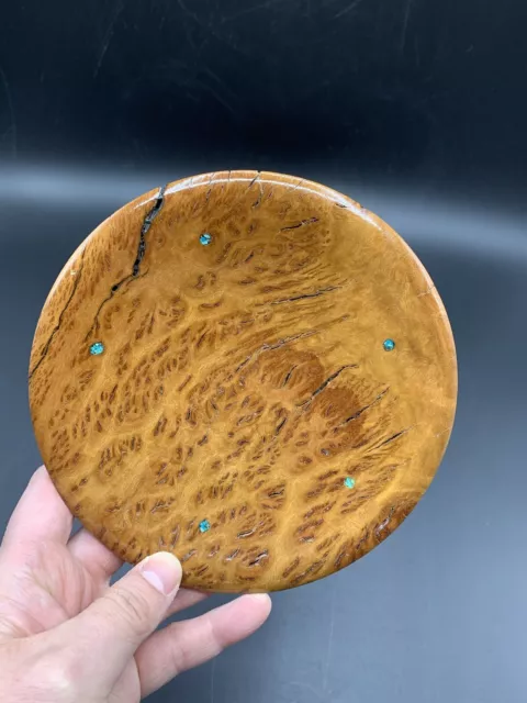 HAND Made Yellow Box Burl Wood Plate Trinket Dish 6”L W/ Inlay Turquoise Signed