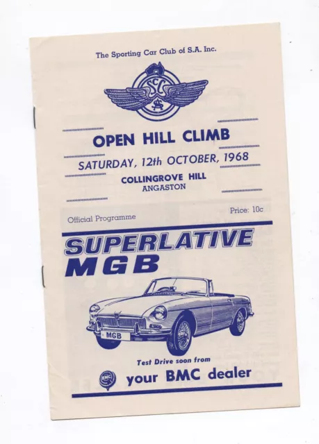 1968 Collingrove Hill Climb Programme Production Touring Racing Sports