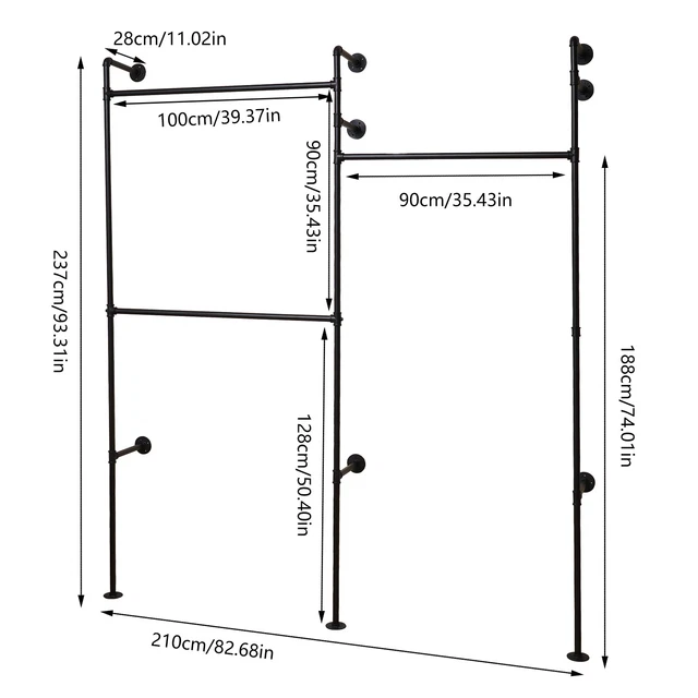 Industrial Pipe Clothes Iron Rack Wall Mounted Garment Clothing Display Organize