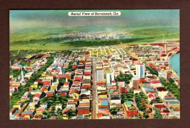 Savannah Georgia Aerial View Linen Postcard Unposted
