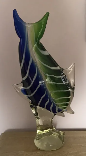 Mid Century Murano Glass Large Fish Sculpture, Green And Blue [Stunning Piece]