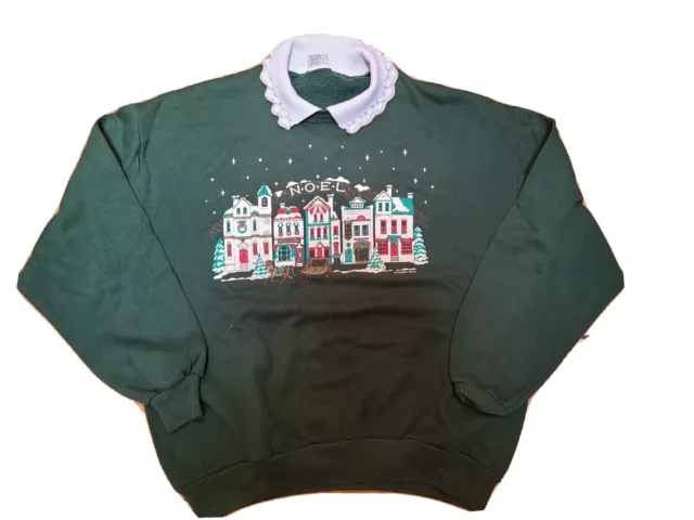 Vintage Christmas Puffy Paint Collared Sweatshirt Noel XL Grannycore Grandma