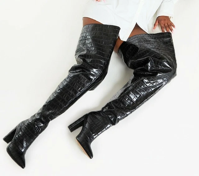 Bnib 4 Plt Black Croc Over Knee Otk Thigh Crotch High Clubbing Nightclub Boots