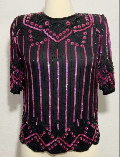 SCALA Vintage Black & Pink Sequin Beaded 100% SILK Blouse Top Women’s Size Small