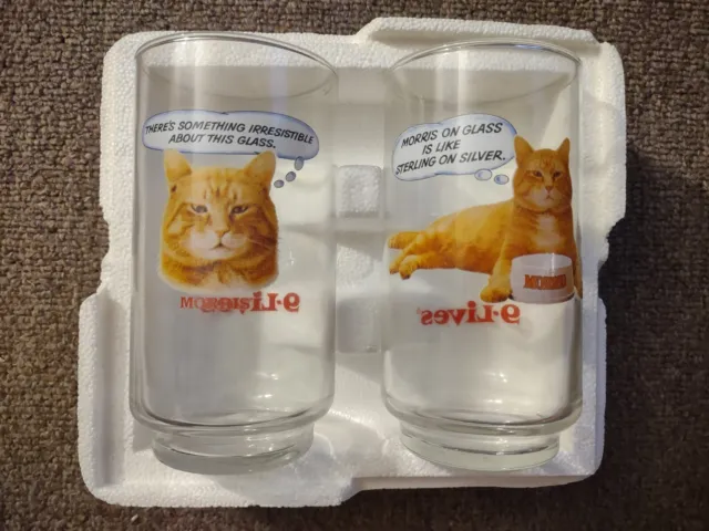 Vintage Morris the Cat 9-Lives Cat Food Drinking Glass Set 1980s New In Box