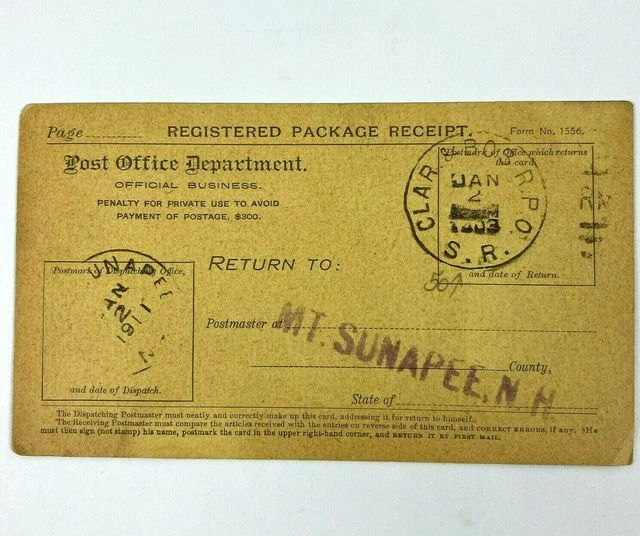 1911 RPO S.R. US Post Office Registered Package Receipt Mt Sunapee NH