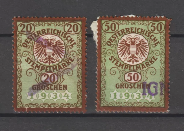 Austria Österreich Revenue Stamp Stempelmarke Fiscaux Taxpaid 1934 2 diff pcs