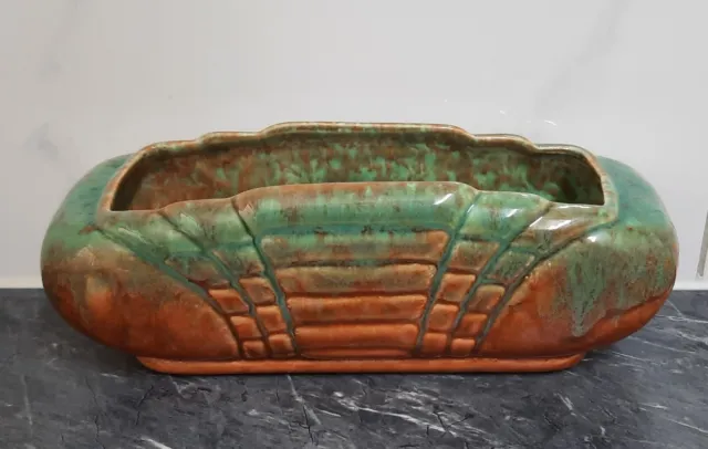 Vintage green & brown Australian Diana pottery trough vase - No. 6