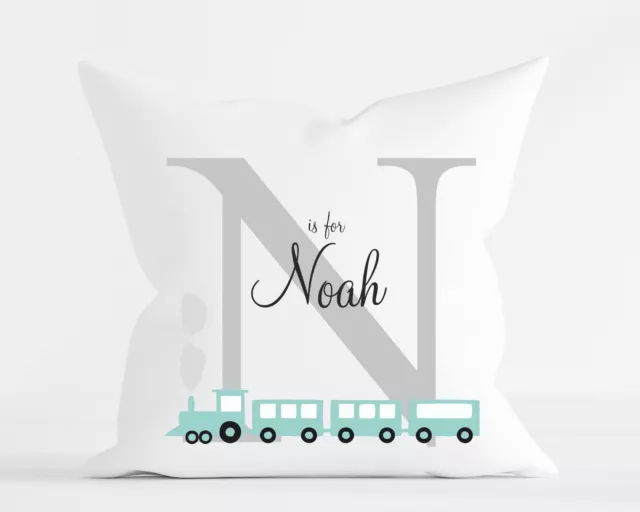 Baby Boy Blue Initial Train Personalised Nursery Pillow Cushion Present Gift