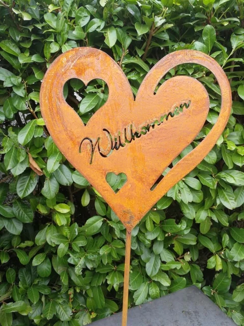 EDELROST GARTENSTECKER HERZ Willkommen Rostherz Skulptur Rost Metall