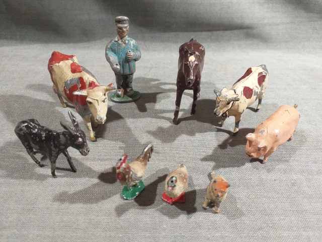 Lot Animaux de la Ferme Plomb/Métal creux 8 + 1 personnage Marque BF et autres