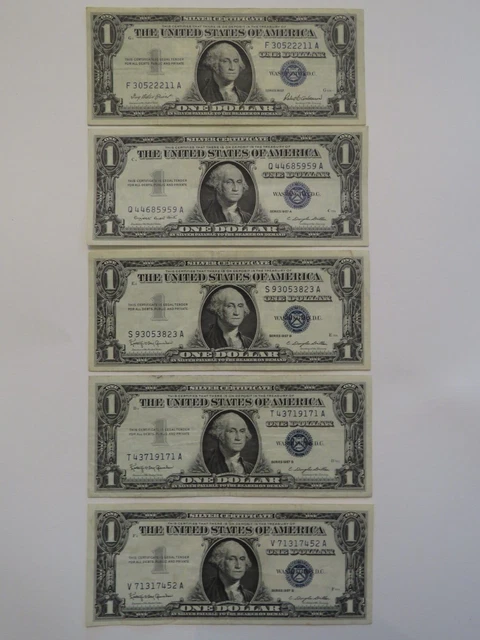 Lot Of 5 1957 $1 Silver Certificates Light Circulation