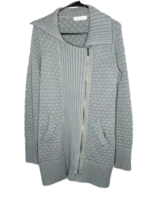 Calvin Klein Sweater M Gray Chunky Womens Cardigan Knit Full Zip Cable Collar