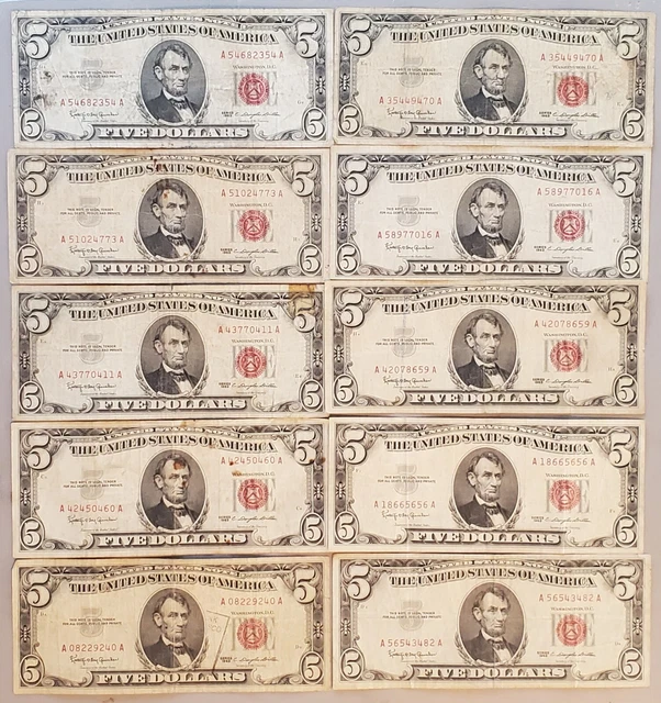 10 Circulated 1963 $5.00 Red Seal United States U.S. Note Five Dollar Bills