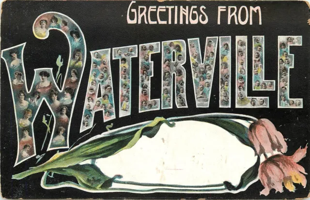 UDB Postcard; Waterville MN Greetings Women & Children's Faces in Large Letters
