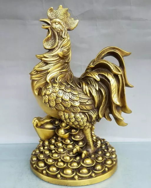 16" Pure Bronze Fengshui Zodiac Year Rooster Cock Chicken Coin Yuanbao Statue