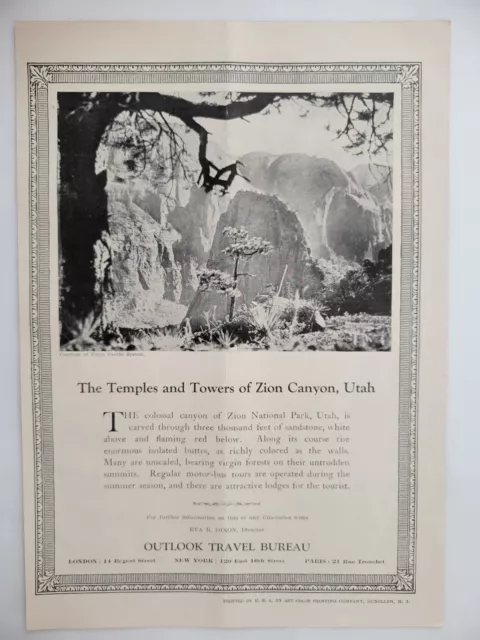 Zion Canyon Utah Tourism Outlook Travel Bureau Ad 1927 Original ~8.5x11.5"