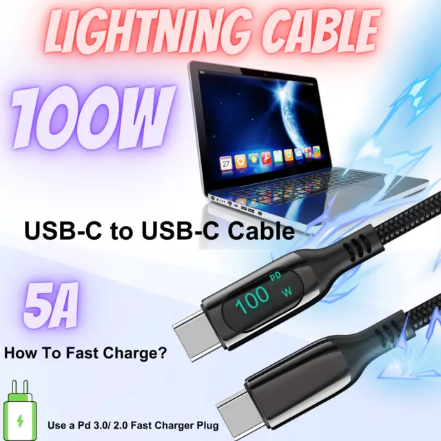 🔋100w Type c to Type c  super-fast charging usb 2 meter cable with Display plug