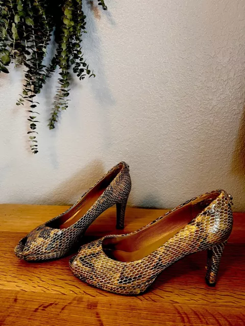 Stuart Weitzman Python Snakeskin Peep Toe Heels Pumps 7.5