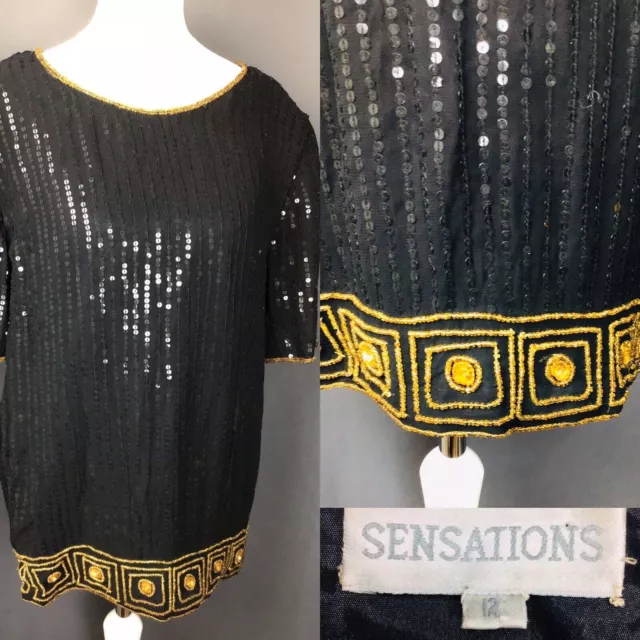 Vintage Sensations Uk 12 1980s Gold Black Ladies Sparkly Sequin Top Blouse Party