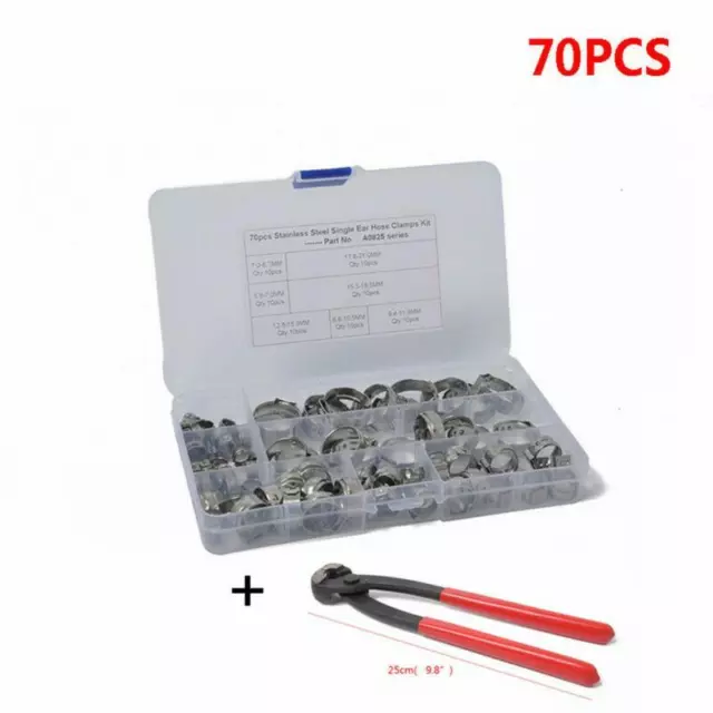 70PCS Hose Clamp 7Kinds Single Ear Stainless Steel+Clamp Pliers Pincer Tools